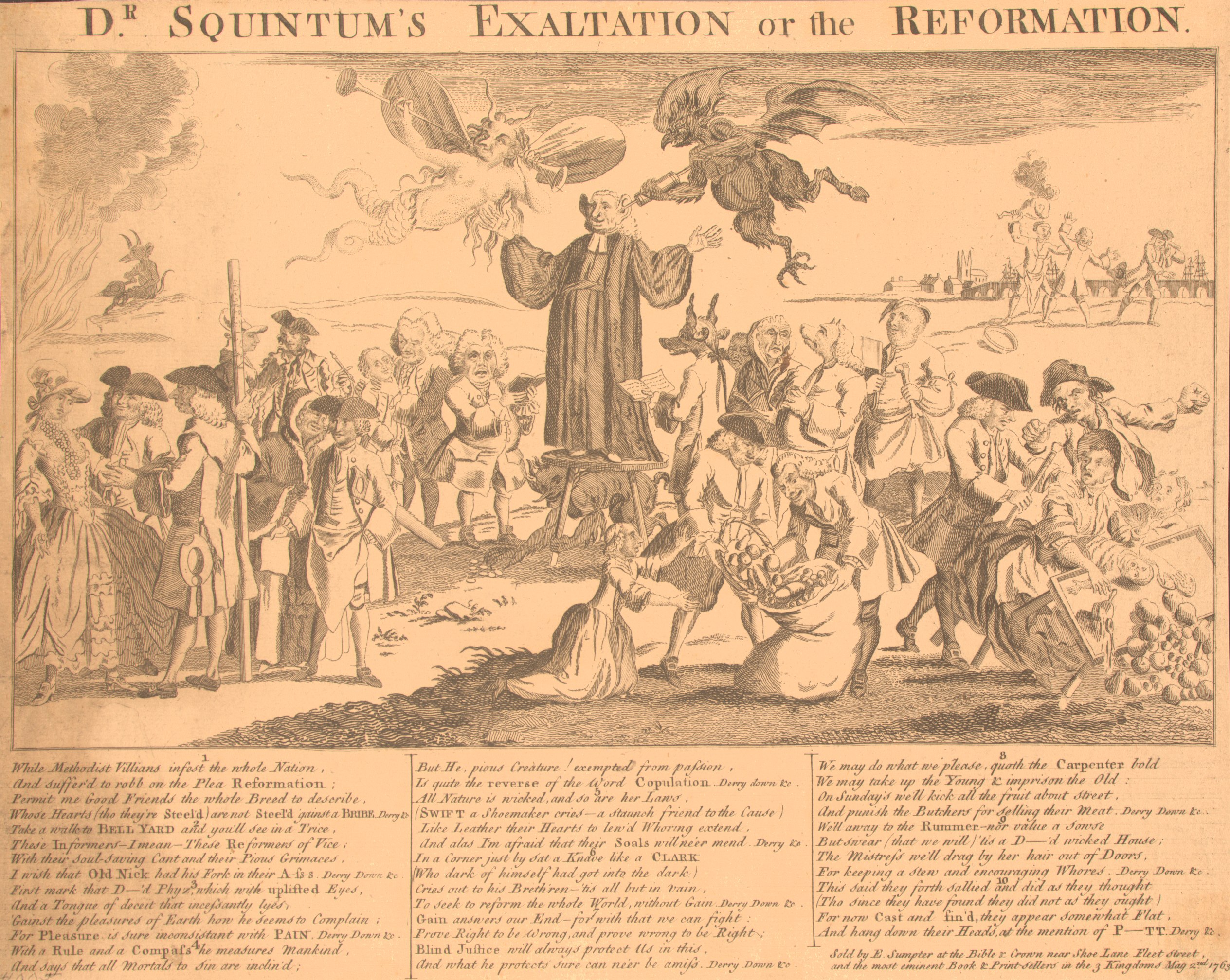 Dr. Squintum's Exaltation or the Reformation, a 1763 British political cartoon depicting George Whitefield preaching amid a circus-like crowd