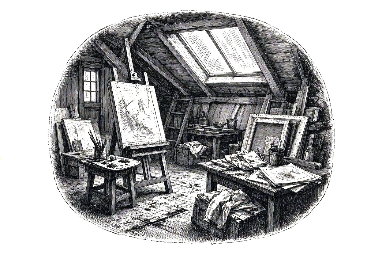 An artist's studio, cluttered with easels and canvasses